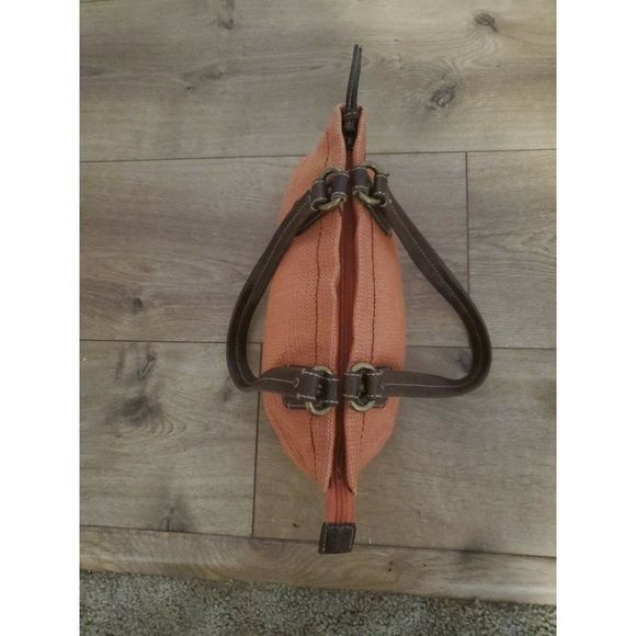 Fossil Tote Bag Salmon Fabric with Brown Leather Straps Small - Picture 4 of 8